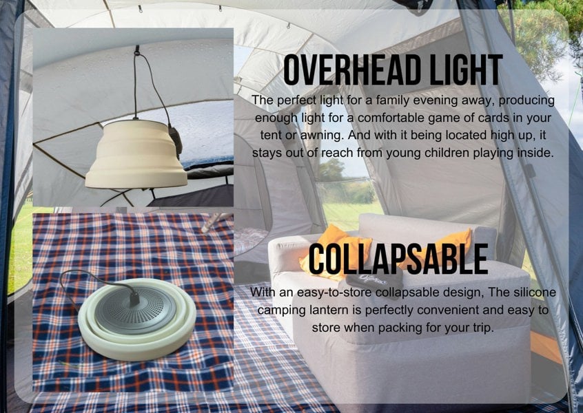 Infographic of OLPRO Silicone Camping Lantern, dimmable 240V, shown open and collapsed in a camping setting.