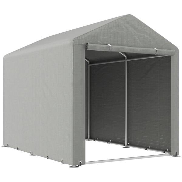 Light grey outdoor storage tent with open front and zip side panels, metal poles