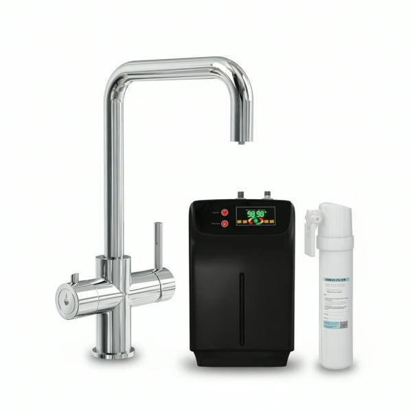 Chrome boiling hot water tap on a white background with boiler and carbon rod filter