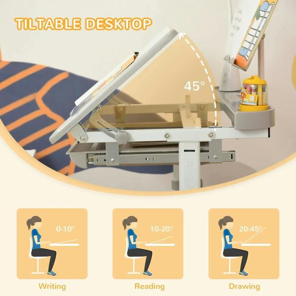 Grey kids study desk and chair set with tiltable desktop at 45°
