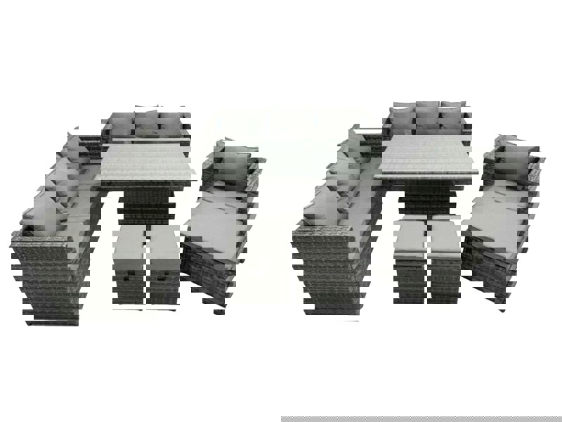 Fimous Rattan Dining Table Sofa Set with 3 Footstool Armchair Outdoor 10 Seat Garden Furniture Set Dark Grey Mixed