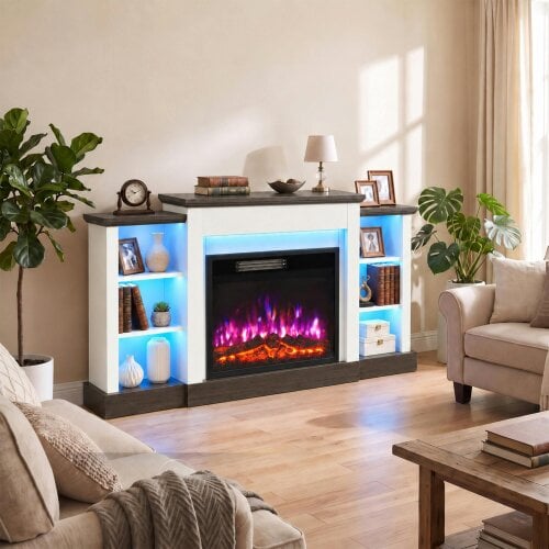 HOMCOM Electric Fireplace TV Stand 138cm, LED Strips, 12 Flame/Ember Colour