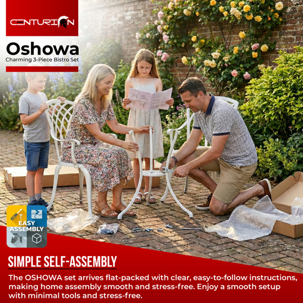 Centurion Supports OSHOWA Luxurious Garden and Patio Table and 2 Large Chairs with Armrests Cast Aluminium Bistro Set - White