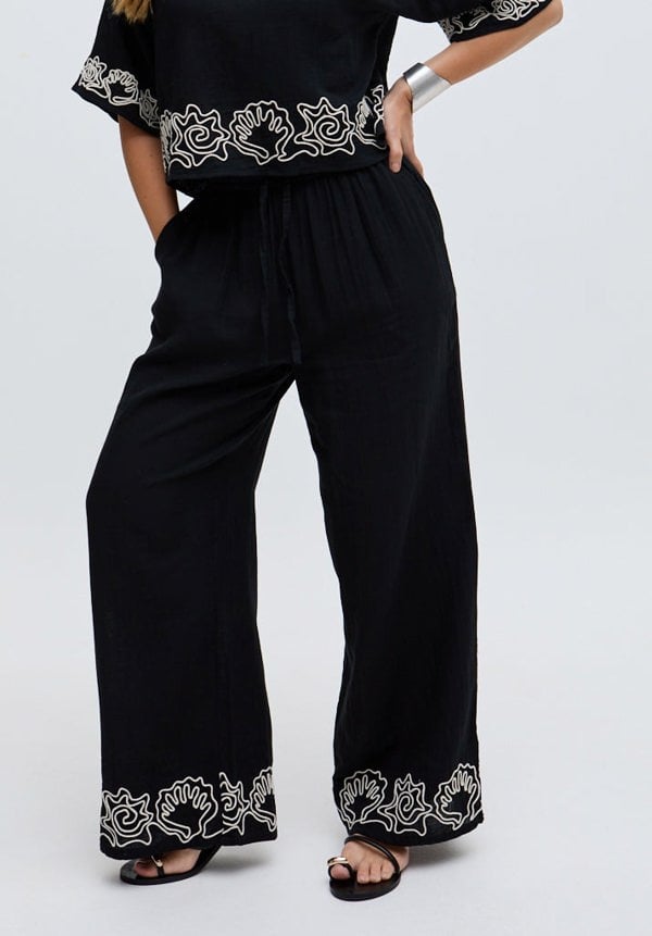 Womens Wide Leg Embroidered Trouser In Black - image 3