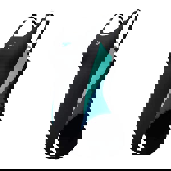 Black Speedo Colourblock 2.0 swimsuit with teal accents, chlorine resistant muscleback design