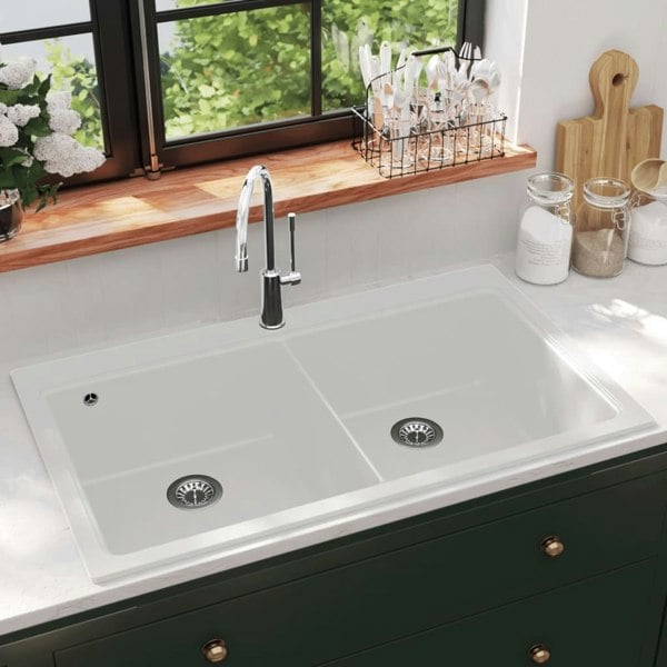 Berkfield Overmount Kitchen Sink Double Basin Granite Cream White