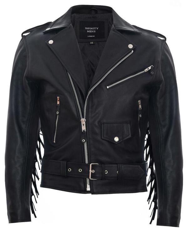 Infinity Leather Mens FRINGE Hide Leather Brando TASSELED Motorcycle Biker Jacket