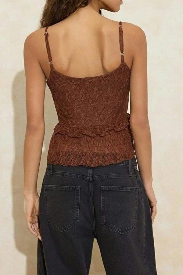 WOVCOR Fitted V-Neck Ruffled Lace Knit Blouse