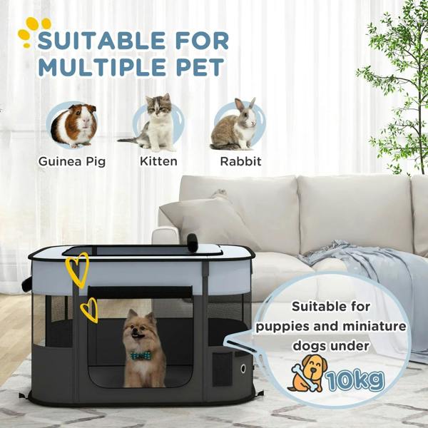 Grey foldable dog pen with two front openings, mesh sides, and round carry handle