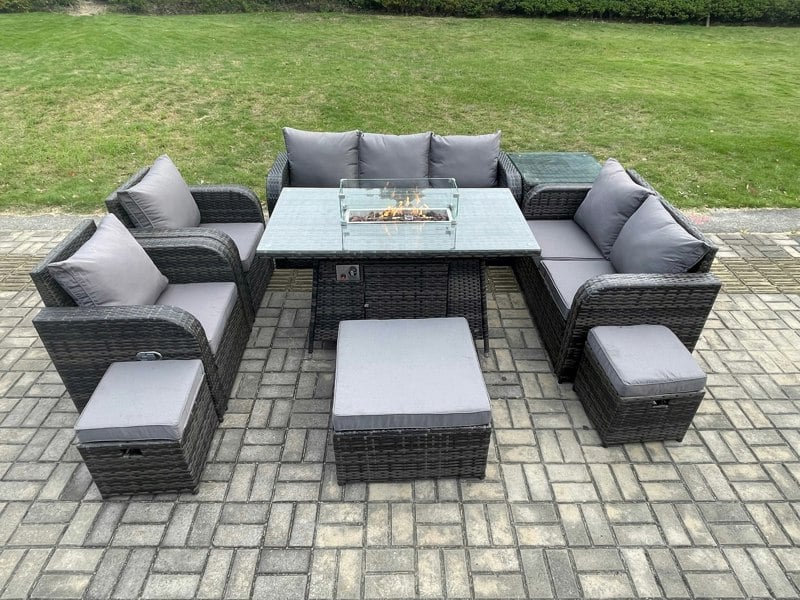 Fimous Rattan Outdoor Garden Furniture Set with Gas Fire Pit Table, 2 x Sofas, 2 Chairs, 3 Footstools, 1 Side Table - 10 Seater - Dark Grey