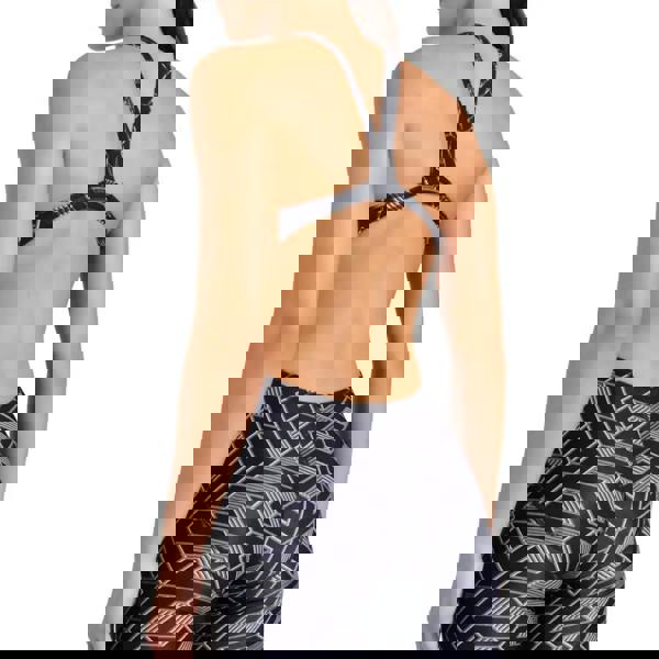 Arena Escape black multi body kneesuit with geometric leggings and crisscross sports bra