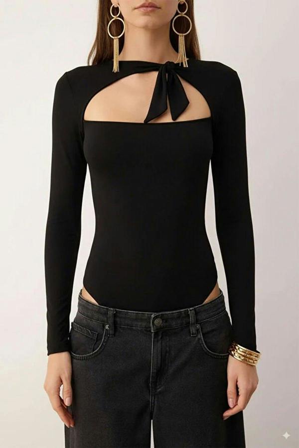 WOVCOR Asymmetrical Collar Knit Bodysuit with Tie Detail