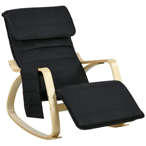 Black fabric rocking recliner with padded headrest and extendable footrest, light wood frame