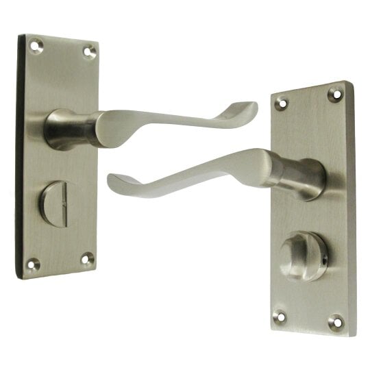 EDH Door Hardware Victorian Scroll Satin Nickel Bathroom Door Handles Set with Privacy Lock 2 Pair