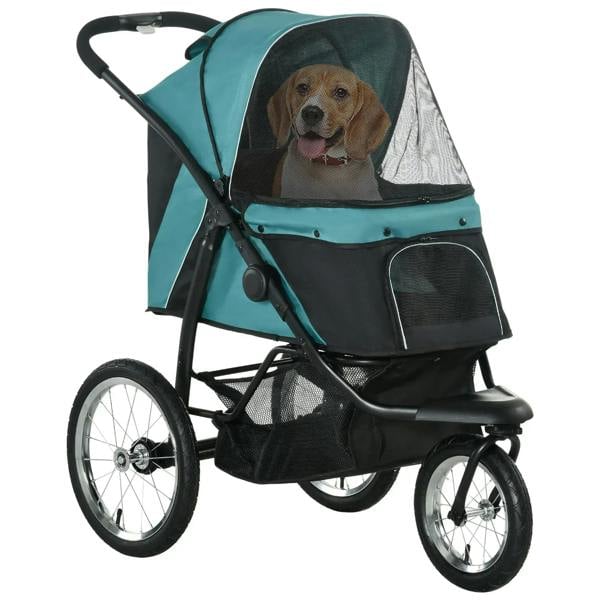 Green three-wheel pet stroller jogger with canopy and front mesh window