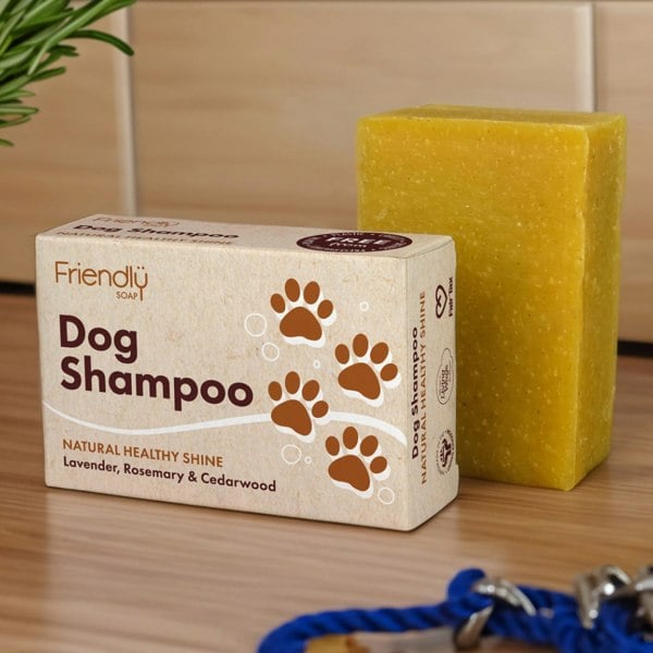 Dog shampoo packaging with bar on a kitchen surface with dogs lead