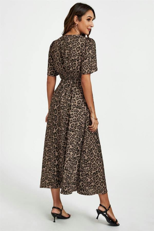 FS Collection Leopard Print V Neck Midi Dress In Brown