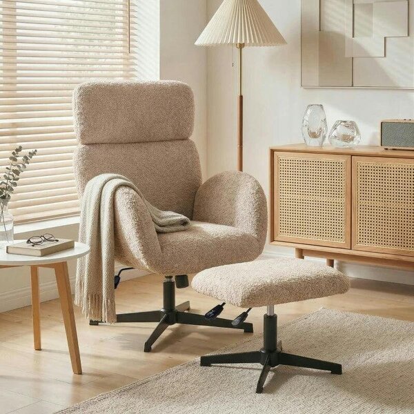Swivel Armchair and Footstool Set, Height Adjustable Accent Chair with Adjustable Headrest, Rocking Function, Light Brown - Light Brown