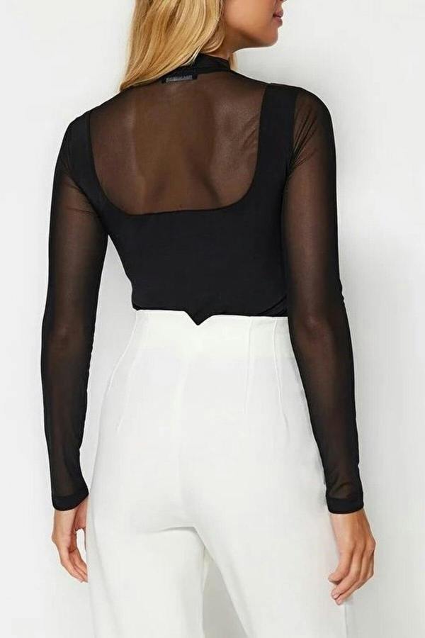 WOVCOR Tulle Detailed Stand-Up Collar Knit Bodysuit