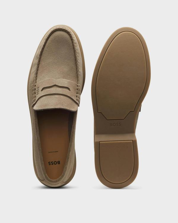 BOSS Orange Sienne Suede Loafers with Logo Penny Trim - Medium Beige 260 | CHO | Designer Mens Loafers