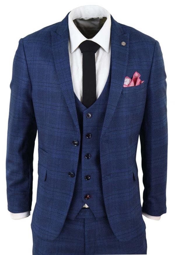 Marc Darcy Mens 3 Piece Blue Birdseye Check Classic Suit