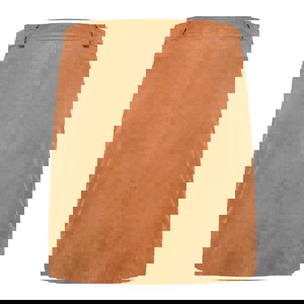 Image displays the plain back side of the tan suede skirt. You can see belt loops and not patterns or logos.