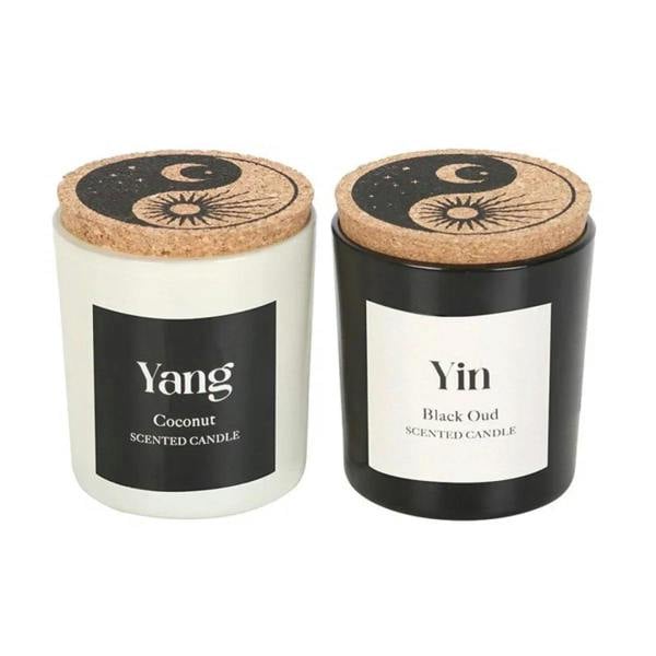 Two Yin-Yang scented candles with cork lids: Yang coconut white and Yin black