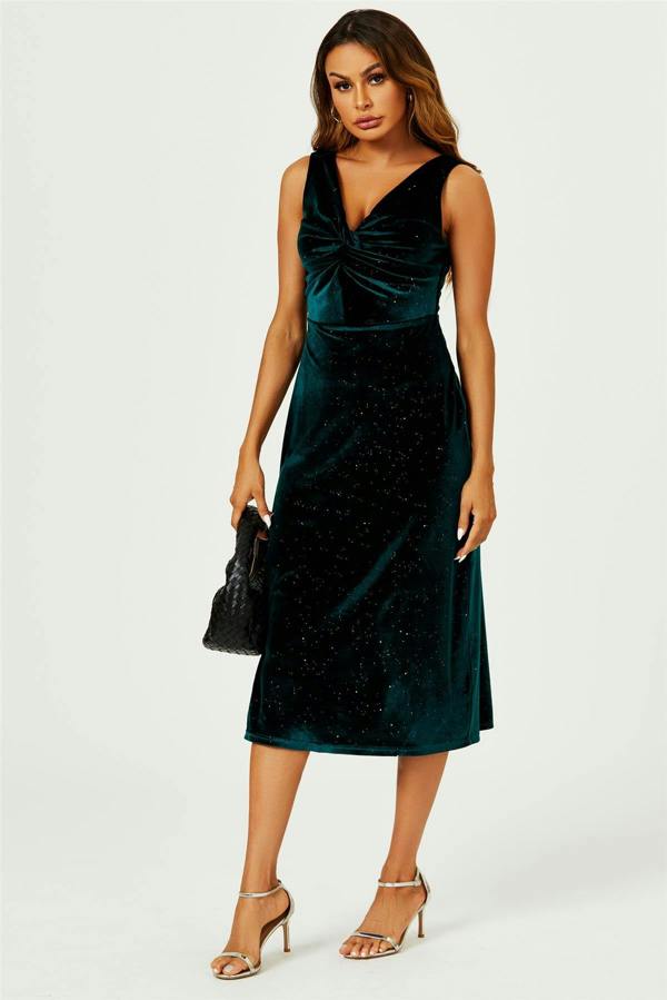 FS Collection Silver Sparkly Velvet Knot Front Midi Dress In Green