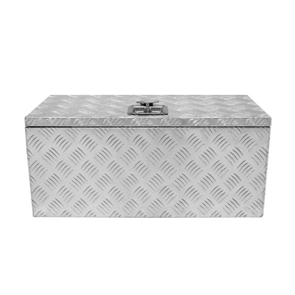 Large 70L aluminium tool box with a diamond plate texture, featuring a secure latch and a sleek silver finish for durability