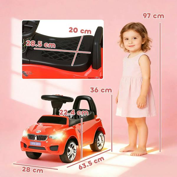 Red kids ride-on car walker with black seat, foot-to-floor sliding design, large wheels