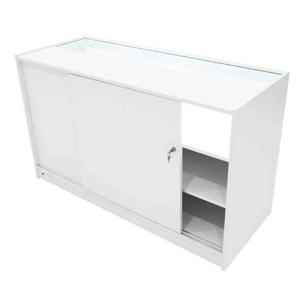 Theia LED Shop Counter Set in white features sleek design, sliding door, glass top, and spacious interior for organized display