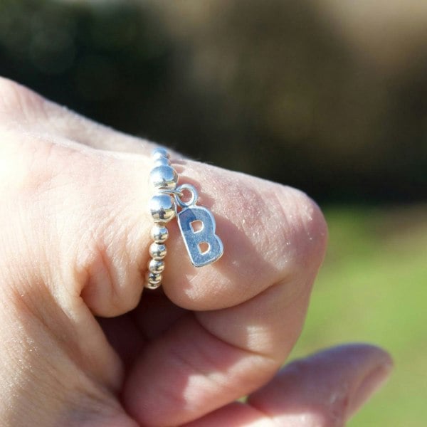 Letter Initial Charm on Silver Ball Bead Ring - MYLEE London