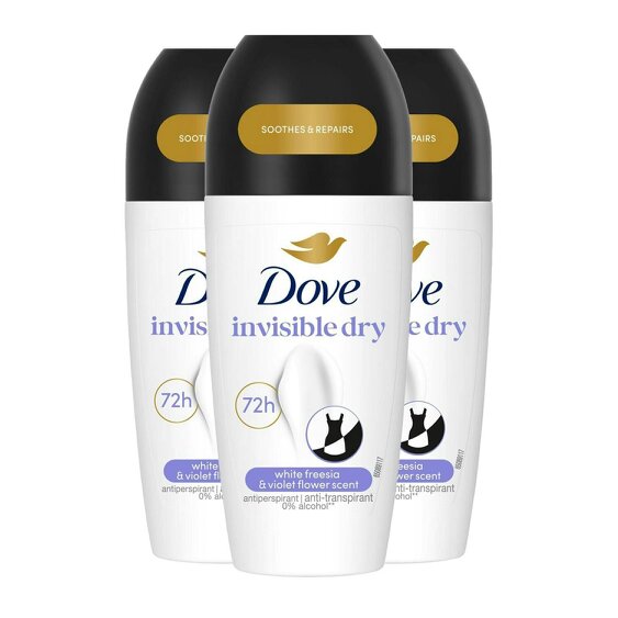 Dove Invisible Dry Roll On Anti-Perspirant Long Lasting Fragrance 48H, 3x50ml