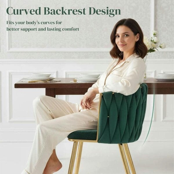 Bobobiy Velvet-Feel Dining Chairs Set of 2, Modern Upholstered Armchair with Knot Design and Golden Metal Legs, Accent Chair, Dark Green