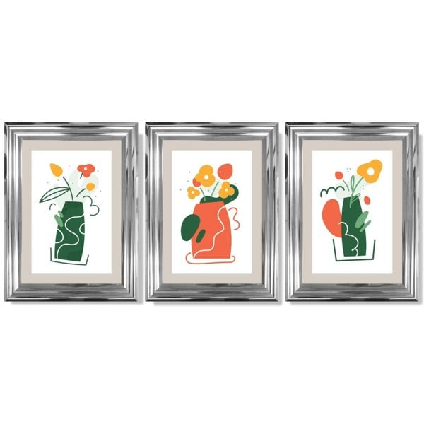 Boho Minimal Floral Green Orange Set of 3 Framed Art Prints with Glossy Chrome Frames
