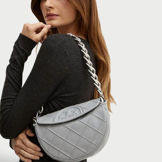 Tory Burch Fleming Soft Grain Mini Crescent Bag Slate Grey