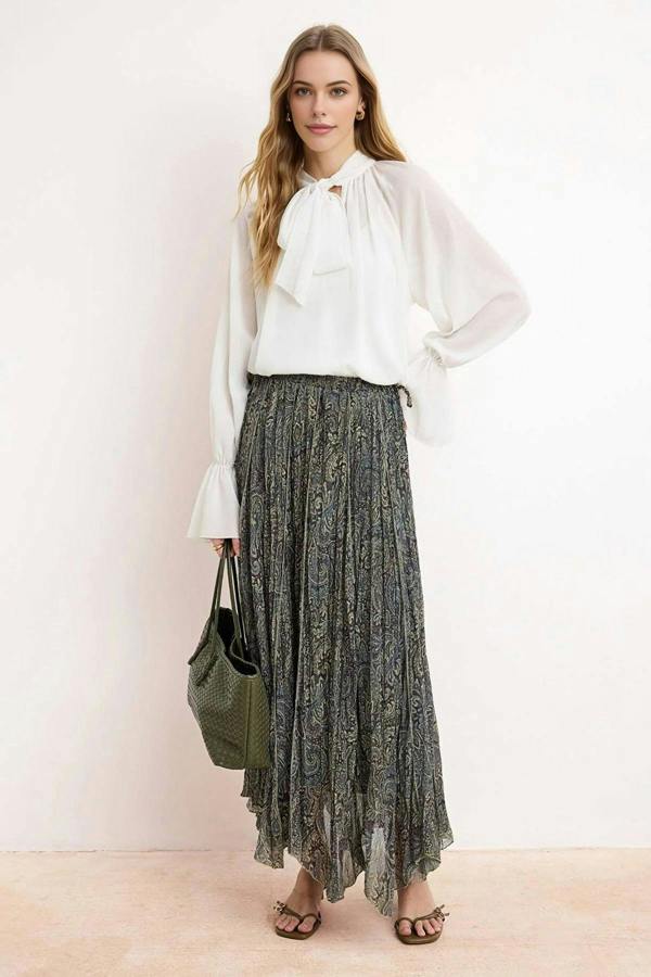 WOVCOR Chiffon Pleated Lined Ethnic Pattern Maxi Skirt