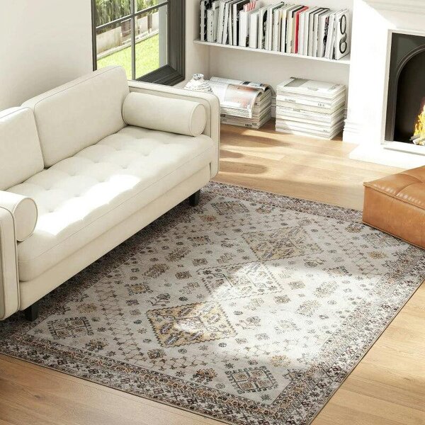 Vintage Area Rug, Non-Slip Washable Rug, Flannel Floor Carpet for Living Room, Bedroom, Dining Room, Home Office, 230 x 160 cm, Beige