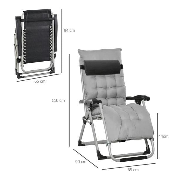 Light grey folding reclining lounge chair with adjustable footrest and padded cushions