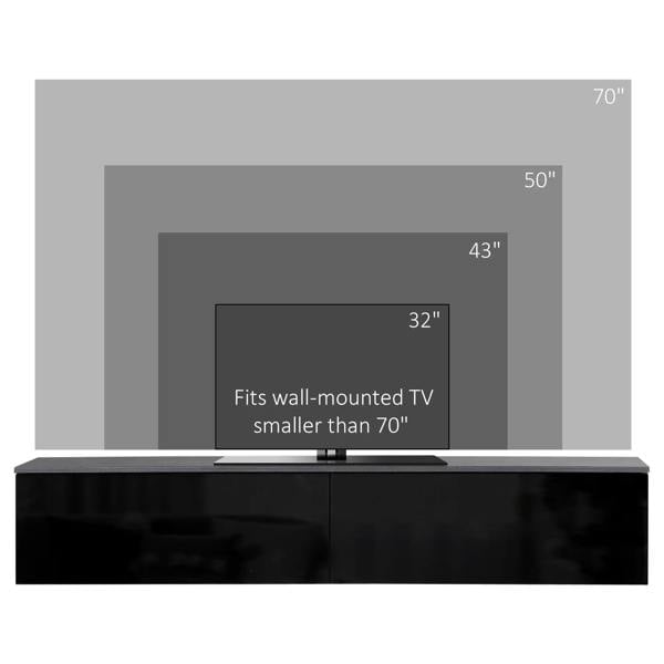 Glossy black floating TV cabinet with size markings for wall-mounted use