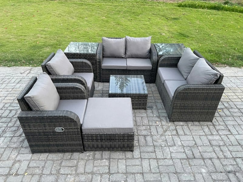 Fimous 7 Seater Dark Grey Mixed Rattan Outdoor Sofa Set - Square Coffee Table, Loveseat, Reclining Chairs, 2 Side Tables & Big Footstool