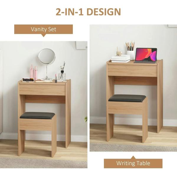 Wood vanity set with flip-up mirror and padded stool seat