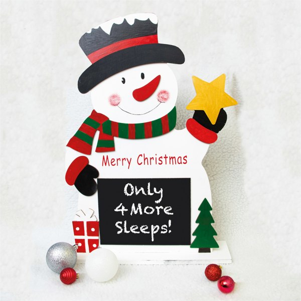 St Helens WOODEN WHITE  SNOWMAN ON STAND WITH CHALKBOARD WI