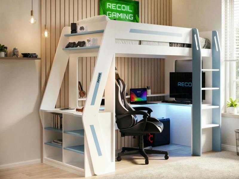 Recoil Alister Gaming High Sleeper with Desk & Storage White & Blue