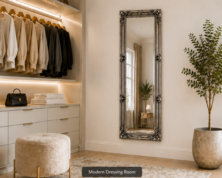 Downton Interiors Antique Silver Tall Ornate Dressing Wall Mirror with Bevelled Glass 142cm