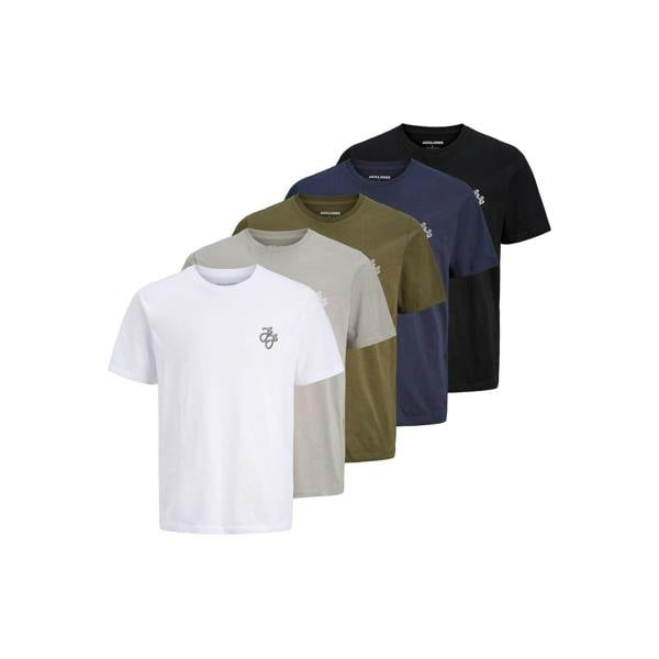 Jack And Jones Mens Corp Cotton T-Shirt (Pack of 5) - Navy/White/Black/Grey/Khaki Green - 