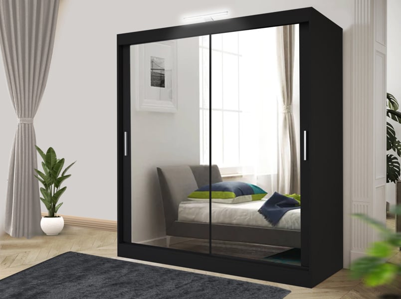 RAC3 Stylish Bedroom Sliding Wardrobe with LED Light -  comes in White/Grey/Black/Oak and Width 100cm/120cm/150cm/180cm/203cm/250cm (Black, 100cm)