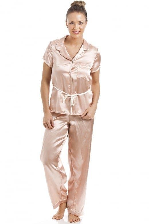 Salmon Pink Short Sleeve Belted Satin Pyjama Set