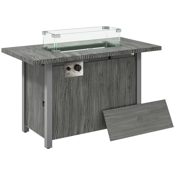 Dark grey gas fire pit table with glass screen and foldable cover, control panel