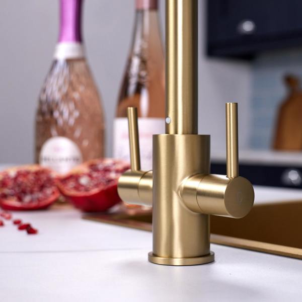 Flode Hammerfest | Dual Lever Kitchen Sink Mixer Tap with Swivel Spout | Brushed Brass Finish
